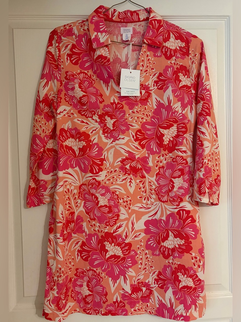 NWT Sigrid Olsen Vibrant Floral Linen Blend Collared Bell Sleeve Dress - Size 6